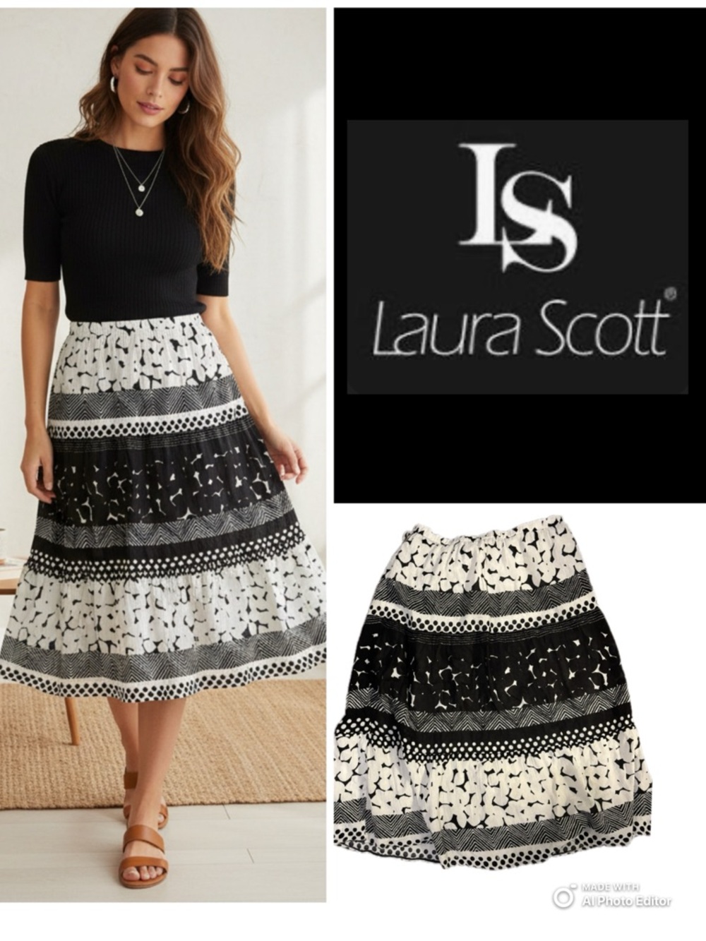 Laura Scott Black & White Patterned Tiered Midi Skirt